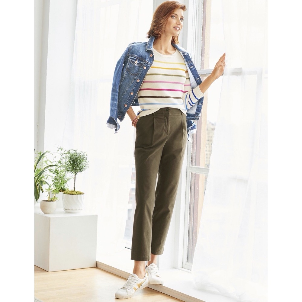 Talbots Modern Twill Pleated Pants‎ Size 10P Green Preppy Coastal Office Stretch